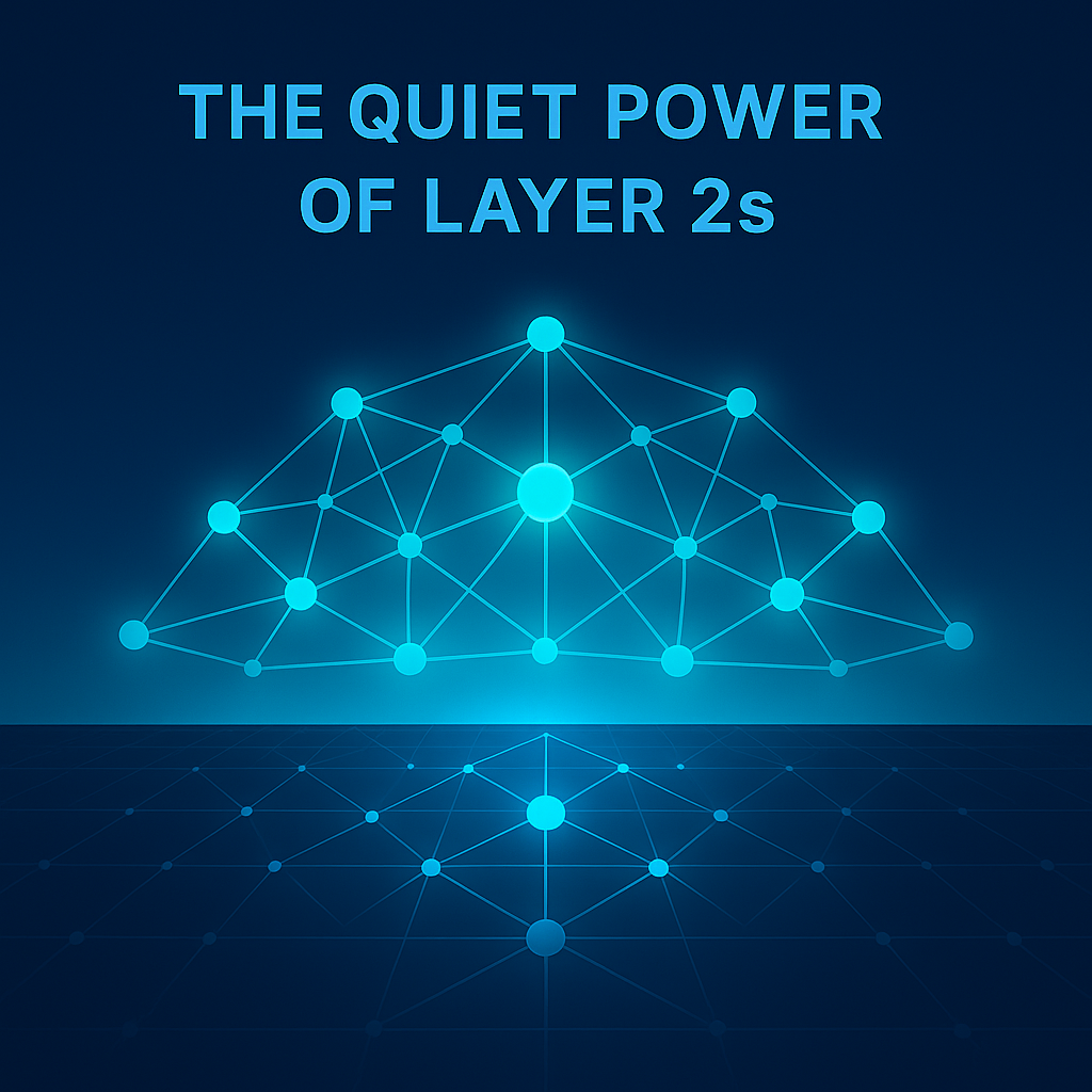 A glowing network of connected nodes forming a bright Base-blue layer above a darker Ethereum network grid, symbolizing scalability and speed.