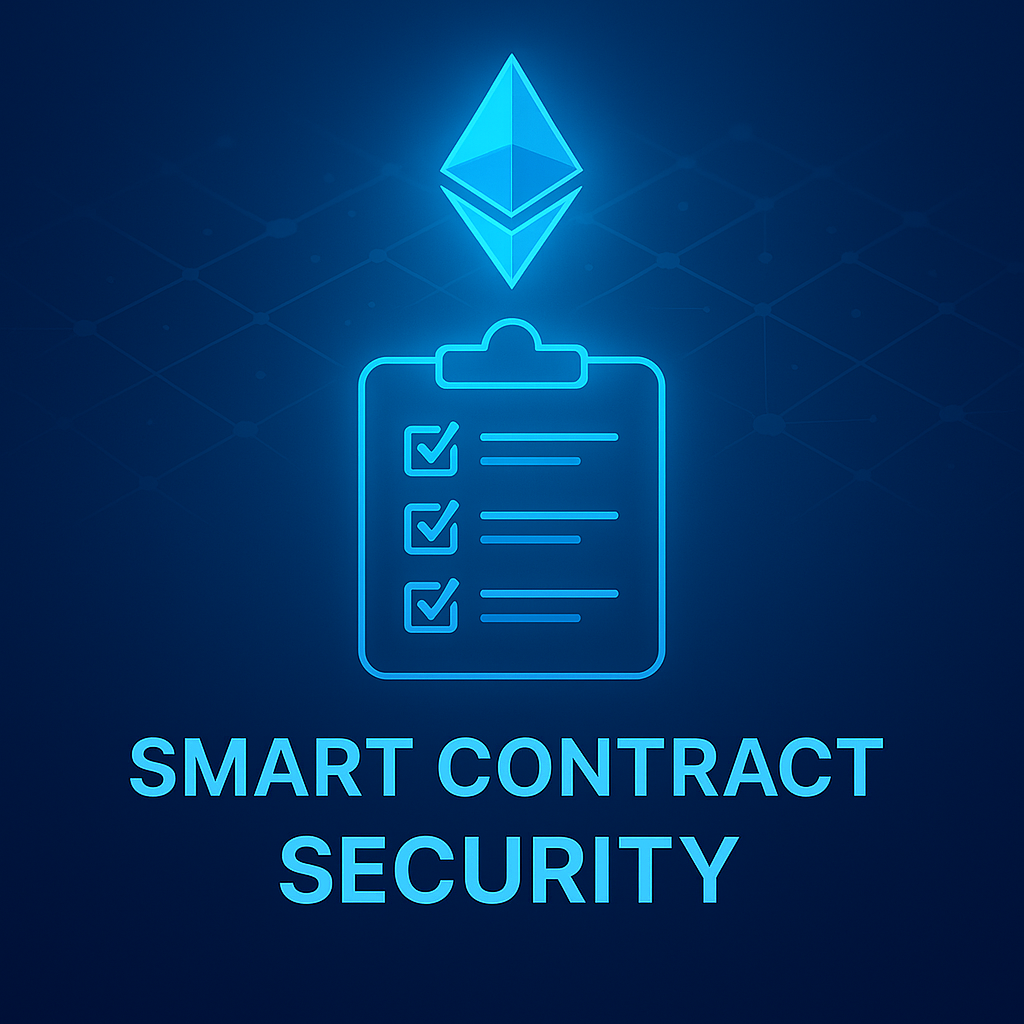 A minimalist blue digital shield made of code fragments over a network grid, symbolizing smart contract security.