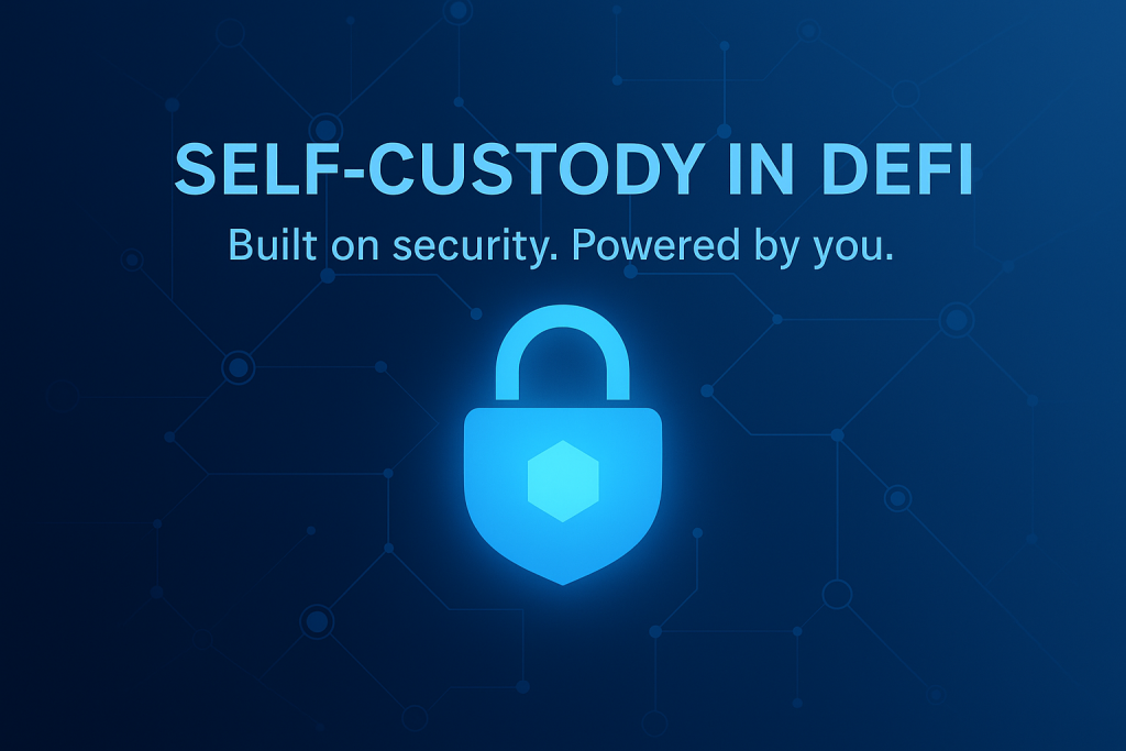 A glowing blue lock over a digital blockchain network background, symbolizing self-custody, security, and control in decentralized finance (DeFi).
