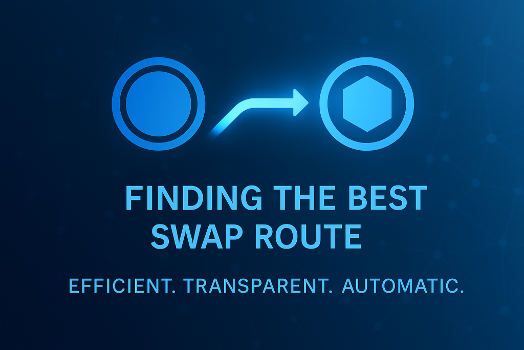 Digital illustration showing two token icons connected by a glowing path symbolizing smart DeFi routing, with the text “Finding the Best Swap Route.”
