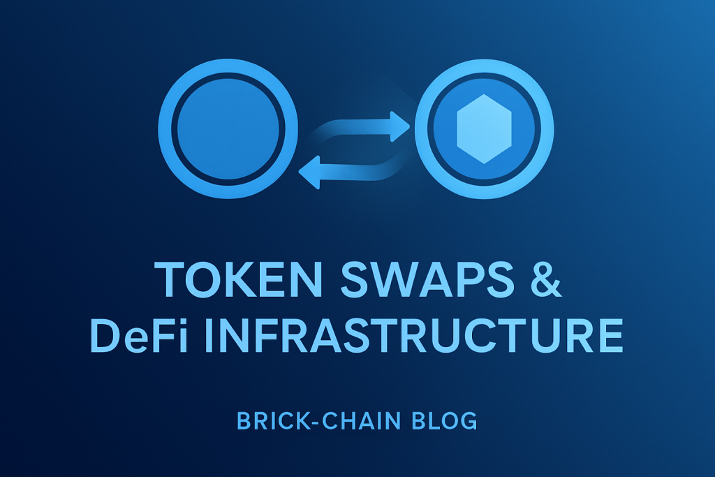 “Token Swaps & DeFi Infrastructure” — blue graphic with two token icons and bidirectional arrows (Brick-Chain Blog featured image)