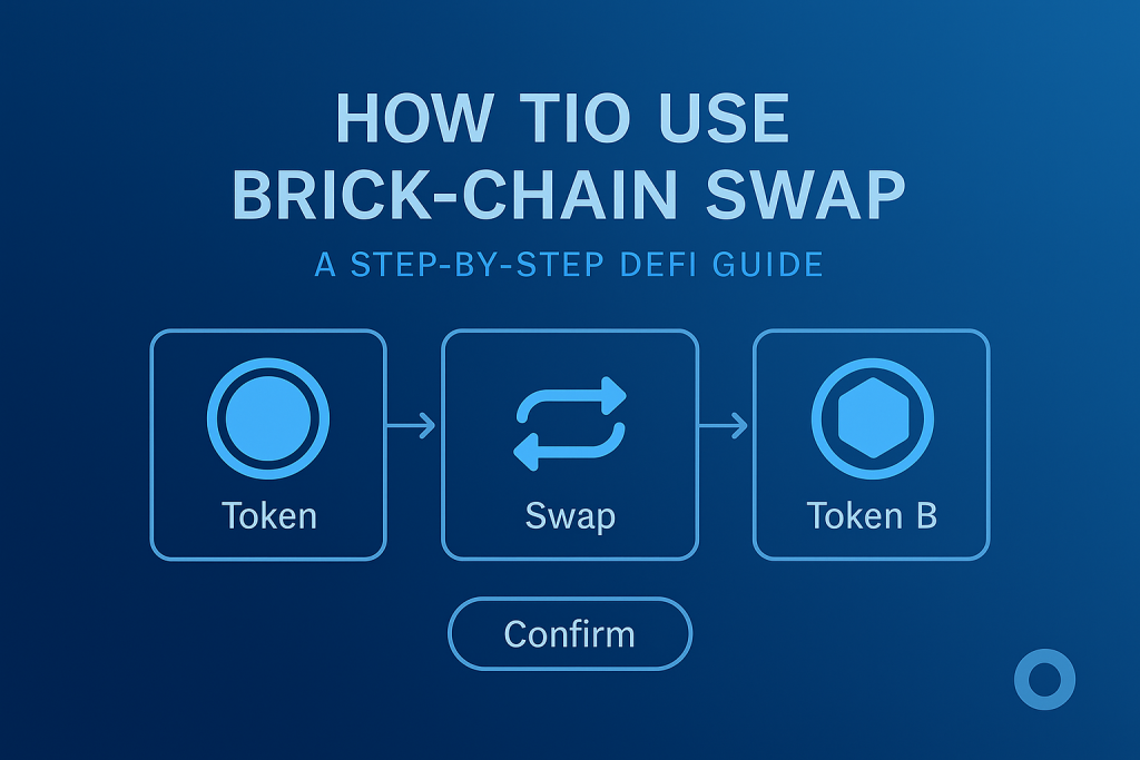 Digital infographic showing a token swap flow diagram with wallet and confirmation icons on a dark blue background. Text reads “How to Use Brick-Chain Swap – A Step-by-Step DeFi Guide.”
