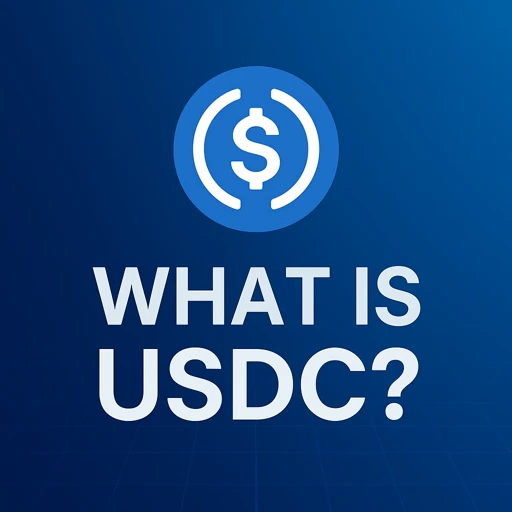 Blue coin with "What is USDC" text.