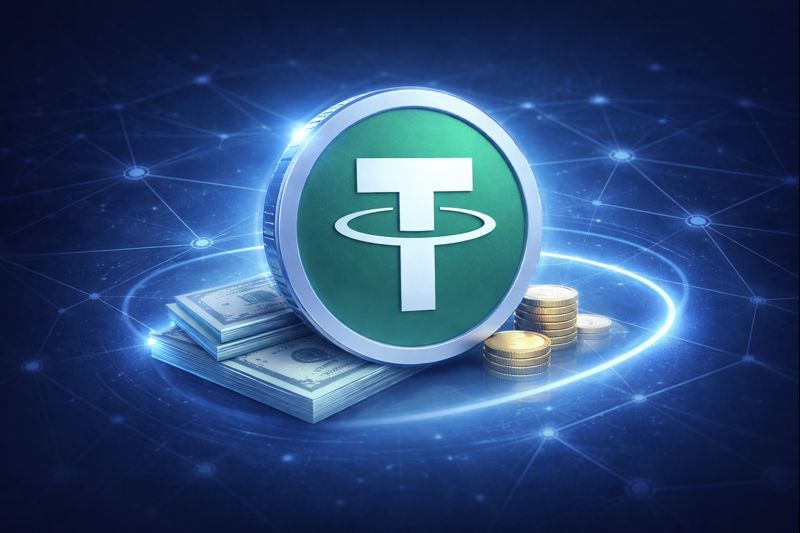 Minimal stablecoin illustration showing USDT as a digital dollar token used in crypto trading and DeFi.