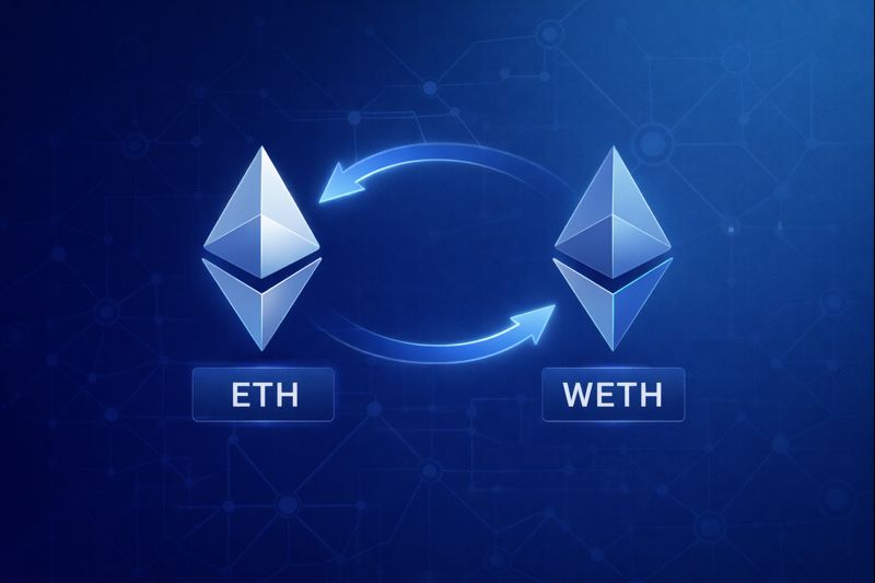 Illustration showing ETH being wrapped into WETH for use in DeFi smart contracts.